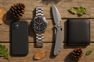 Popular everyday carry (EDC) products arranged outdoors on a rustic wooden surface with natural elements, highlighting their practicality and durability for modern nomads.