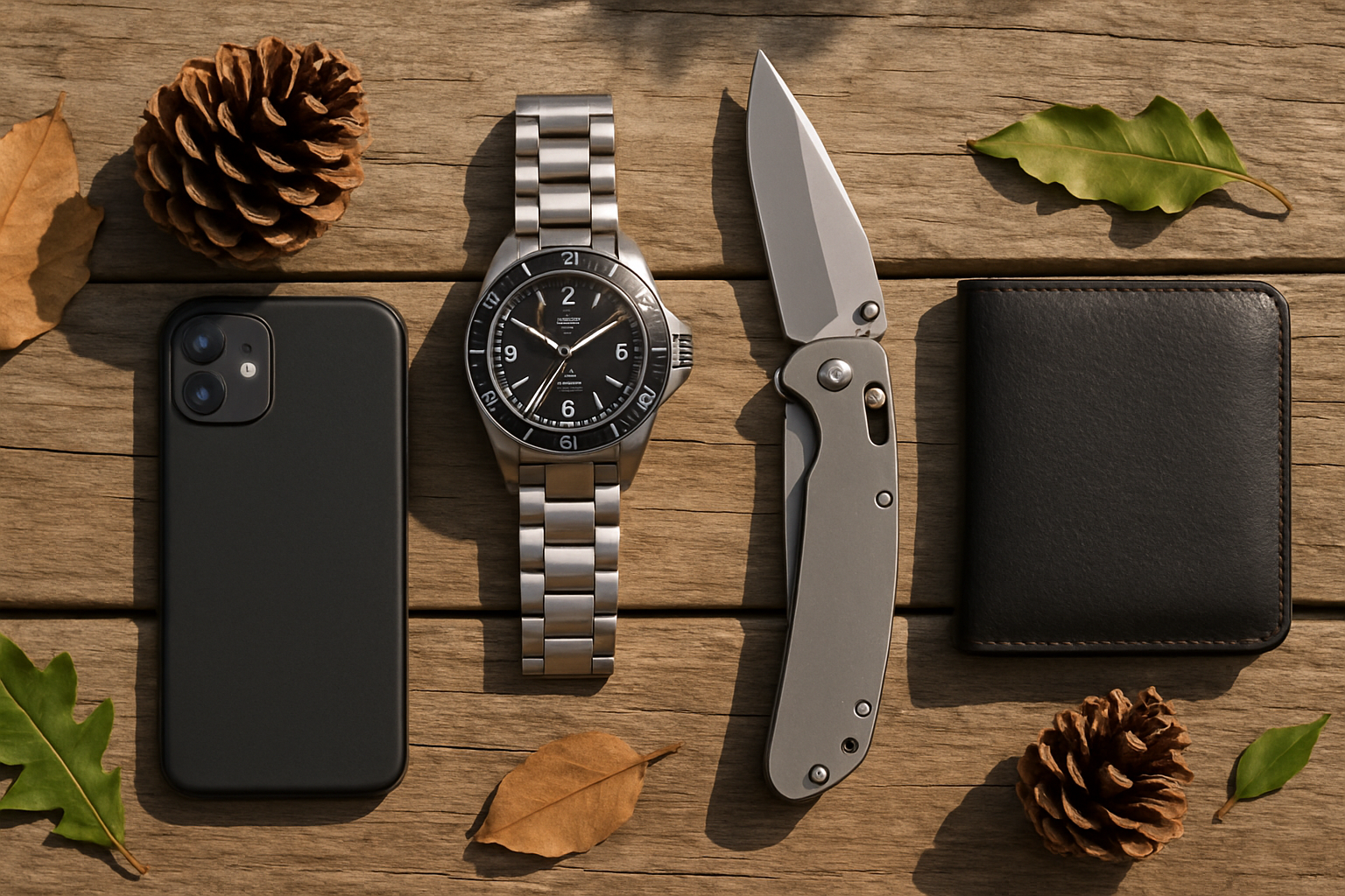 Popular everyday carry (EDC) products arranged outdoors on a rustic wooden surface with natural elements, highlighting their practicality and durability for modern nomads.