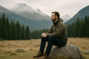 Person practicing mindfulness alone in a remote natural landscape, symbolizing psychological resilience during long-term isolation.