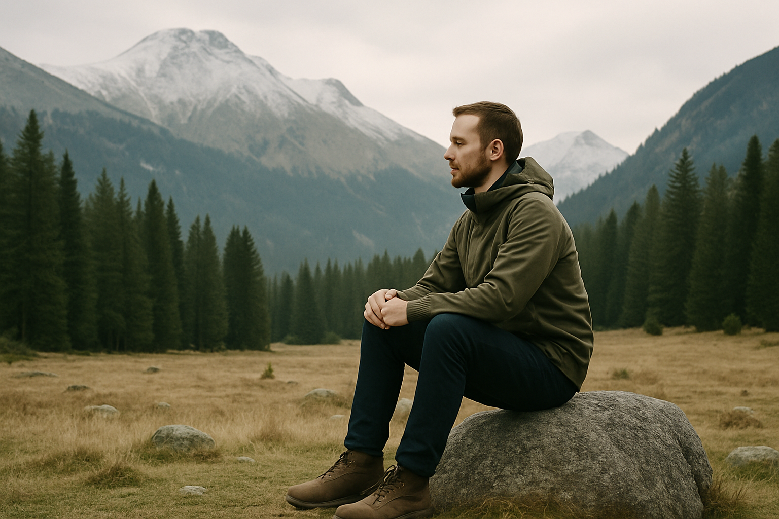 Person practicing mindfulness alone in a remote natural landscape, symbolizing psychological resilience during long-term isolation.