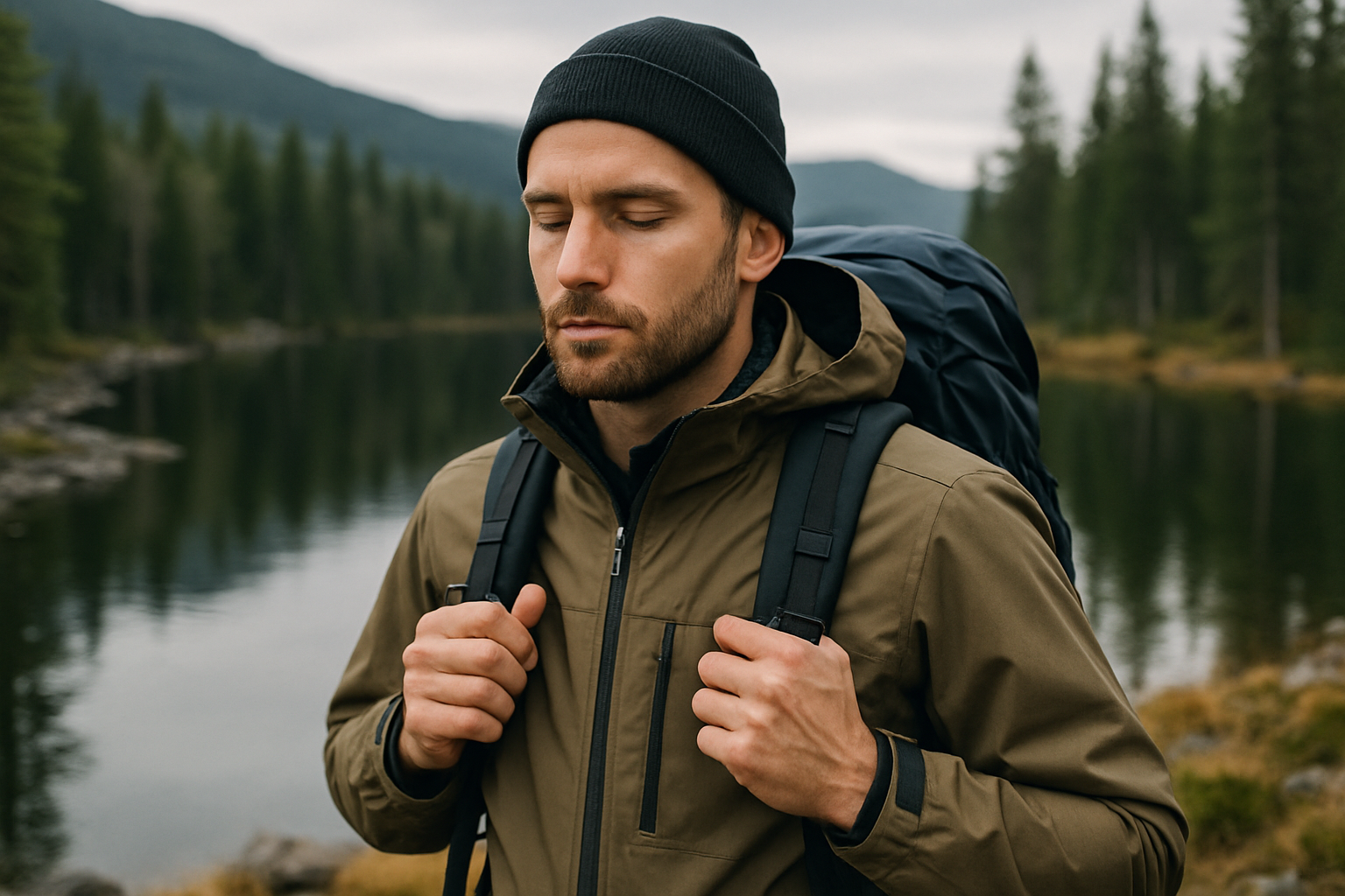 Calm outdoor adventurer in wilderness demonstrating focus and composure