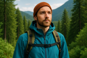 Outdoor adventurer calmly assessing the wilderness, exemplifying mental resilience and control over fear in survival situations.