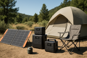 Modern off-grid outdoor gear including solar panels and camping equipment arranged neatly in a natural wilderness environment.