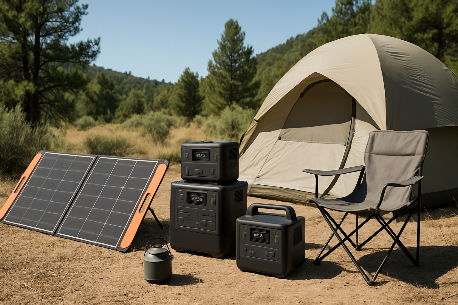 Modern off-grid outdoor gear including solar panels and camping equipment arranged neatly in a natural wilderness environment.