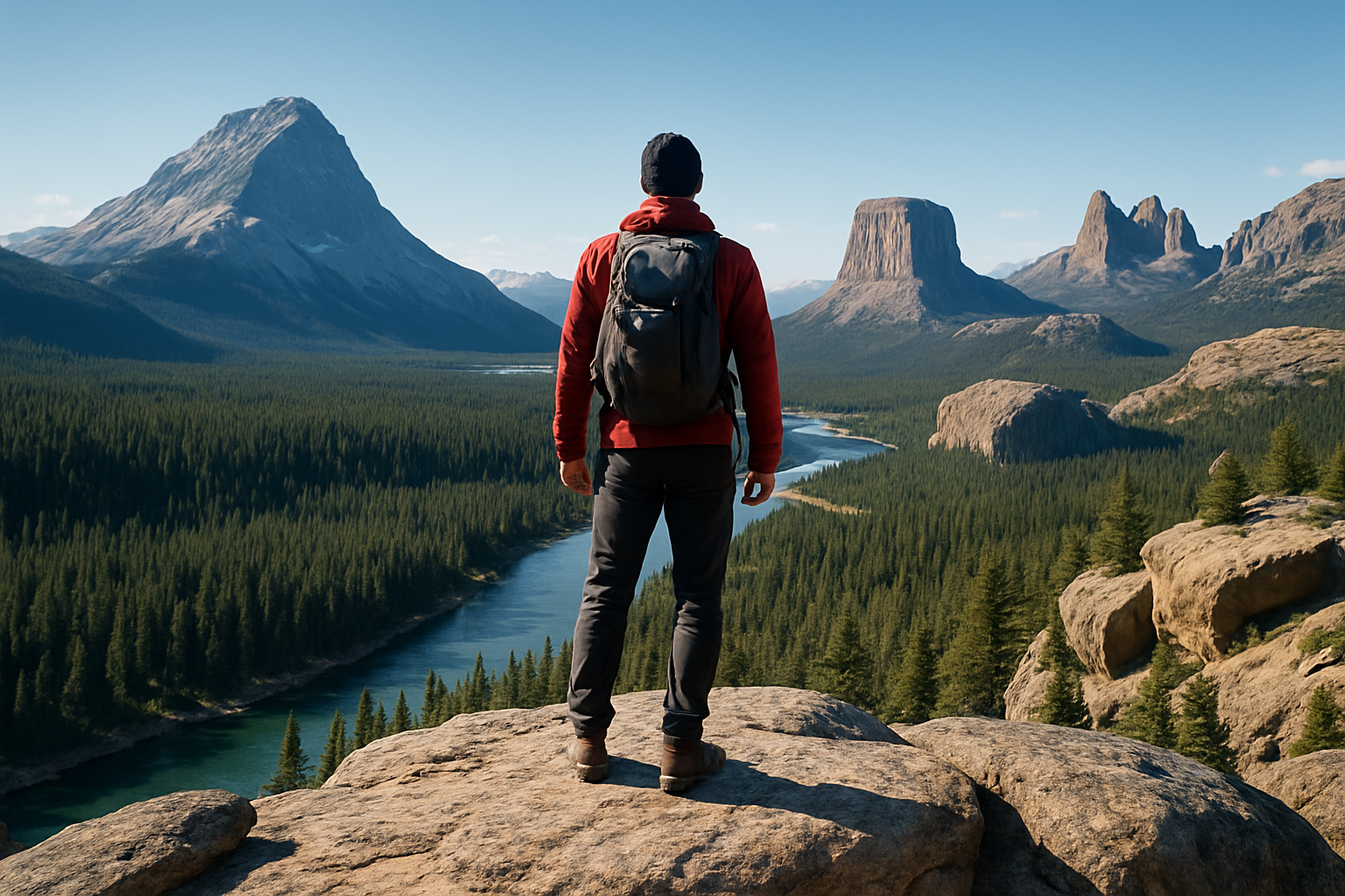 Hiker overlooking wilderness with visible natural landmarks like mountains and rivers