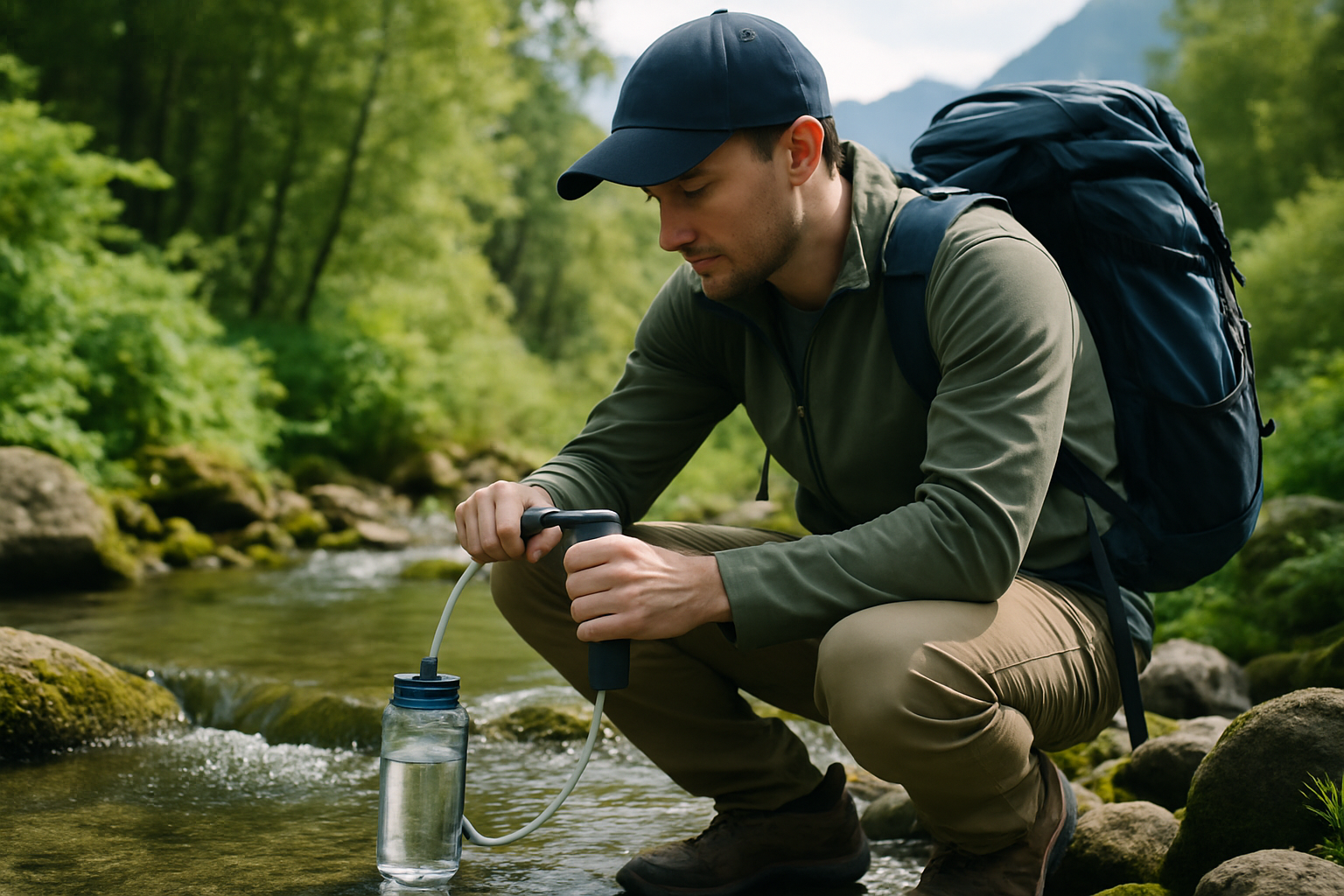 Person purifying water from a mountain stream using a portable water filter in a lush outdoor setting.