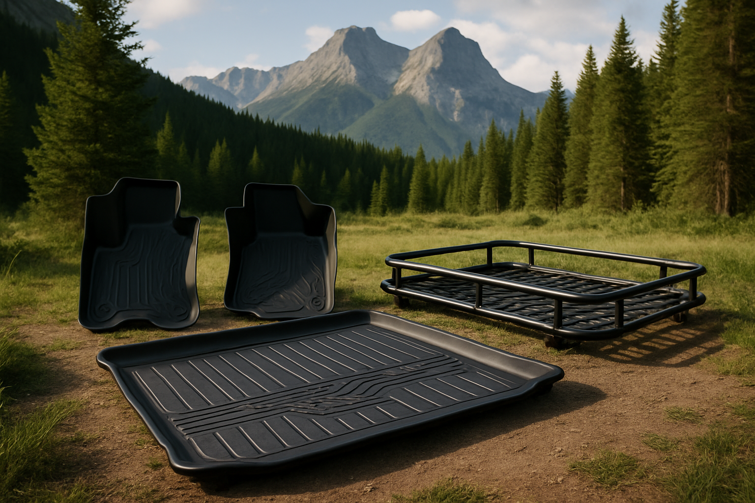 WeatherTech vehicle accessories displayed outdoors with mountains and forest backdrop, symbolizing durability and adventure.