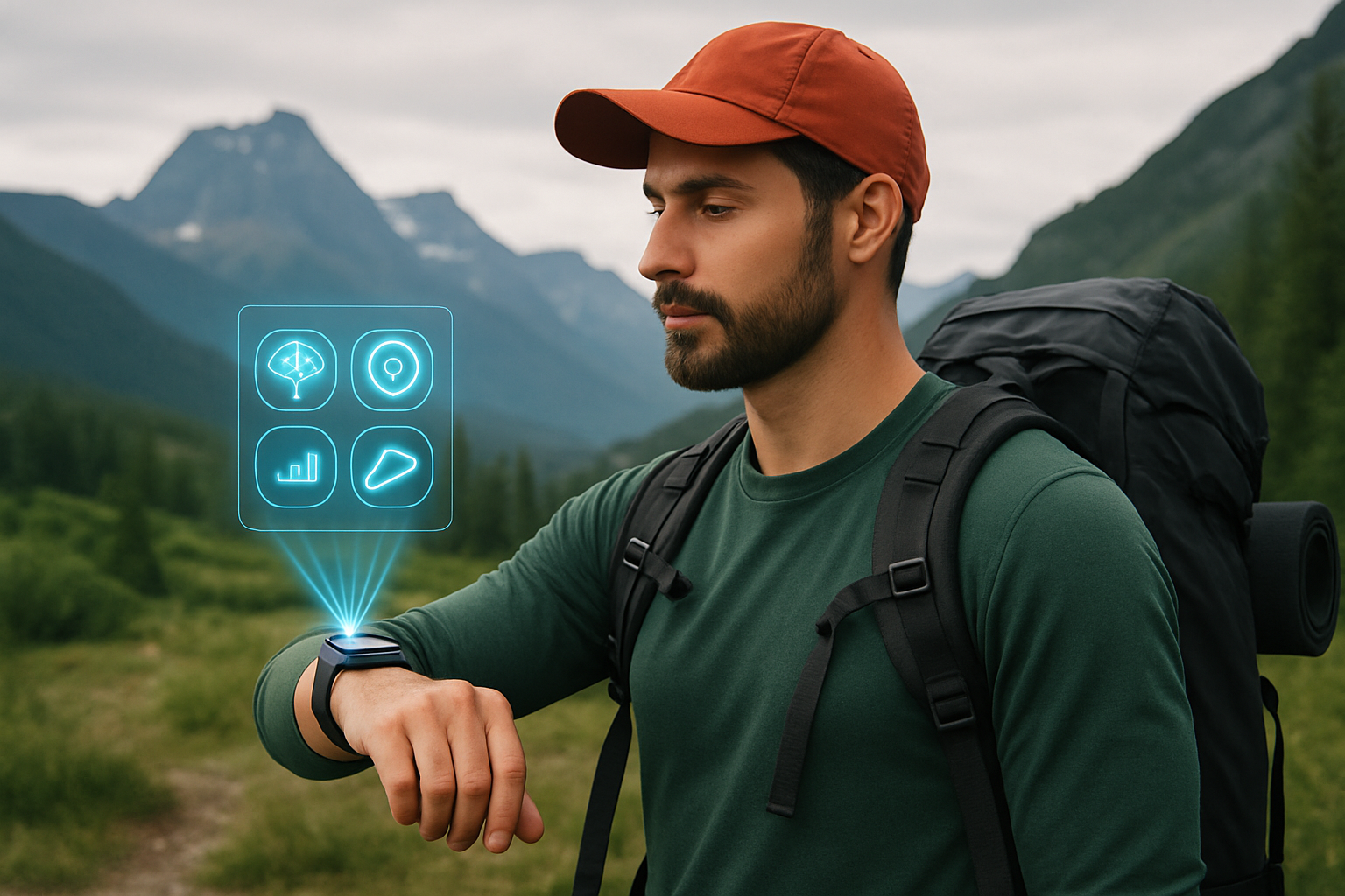 Outdoor enthusiast using AI-powered wearable device in a remote wilderness setting with mountains.