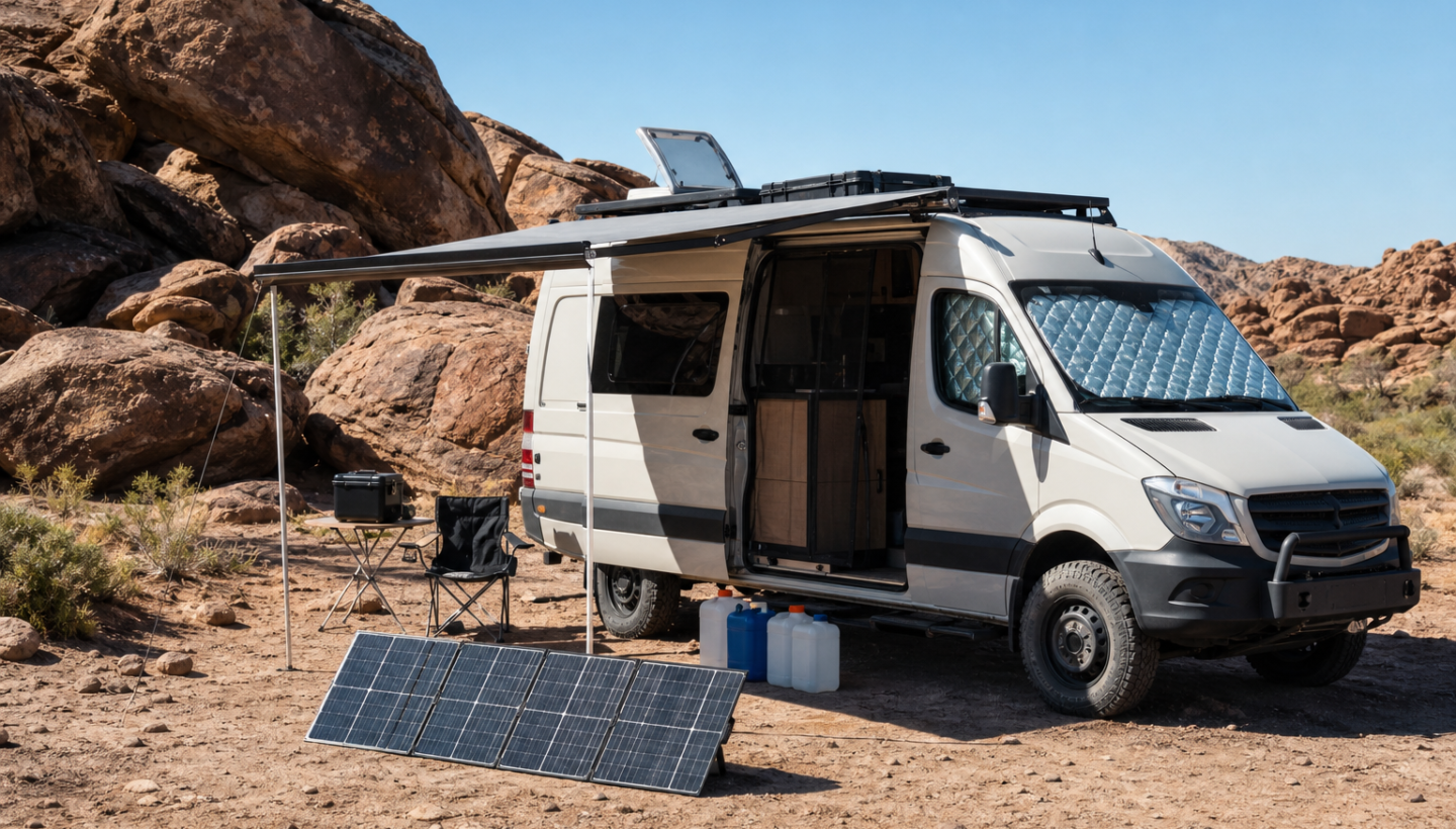 Off-grid vehicle camp set up for heat management with shade, reflective covers, ventilation, solar panels, and water storage in a desert landscape.