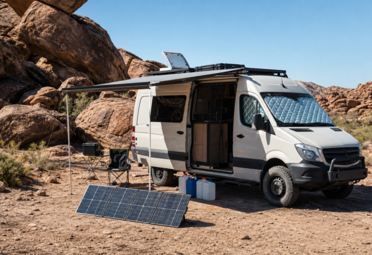 Off-grid vehicle camp set up for heat management with shade, reflective covers, ventilation, solar panels, and water storage in a desert landscape.