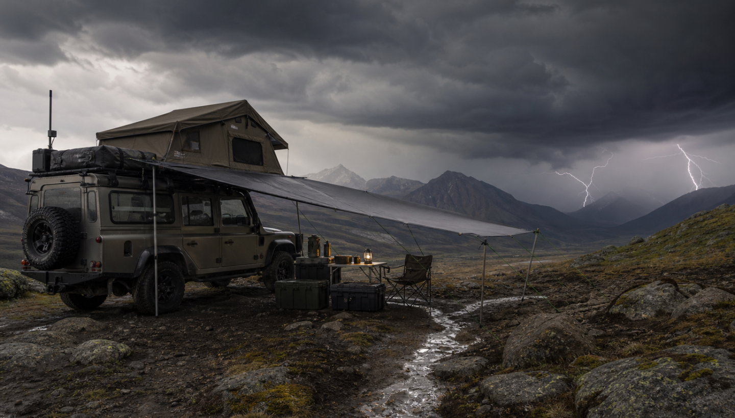 Storm-ready overland campsite on high ground with secured shelter, waterproof gear, and dark storm clouds approaching.