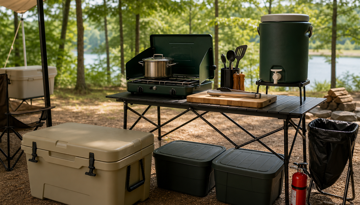Organized summer camp kitchen with cooler, stove, water jug, food bins, and fire extinguisher at a shaded campsite.