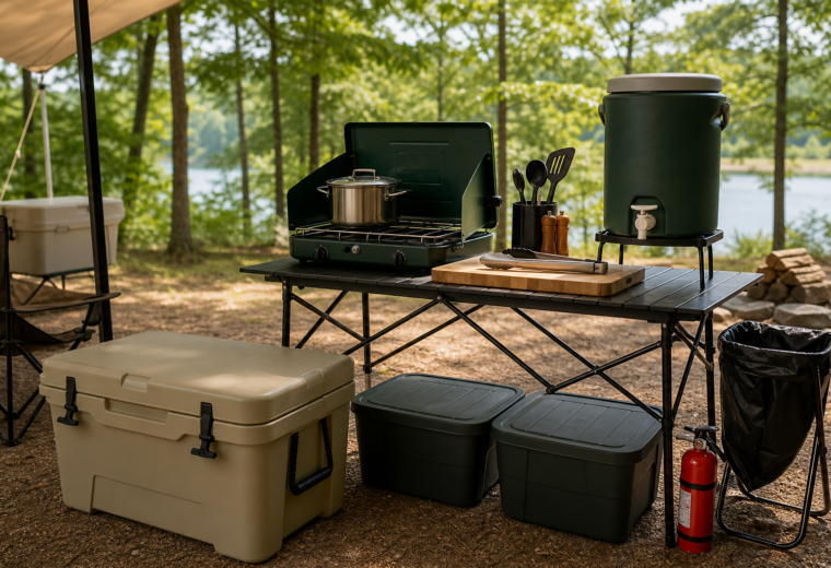 Organized summer camp kitchen with cooler, stove, water jug, food bins, and fire extinguisher at a shaded campsite.