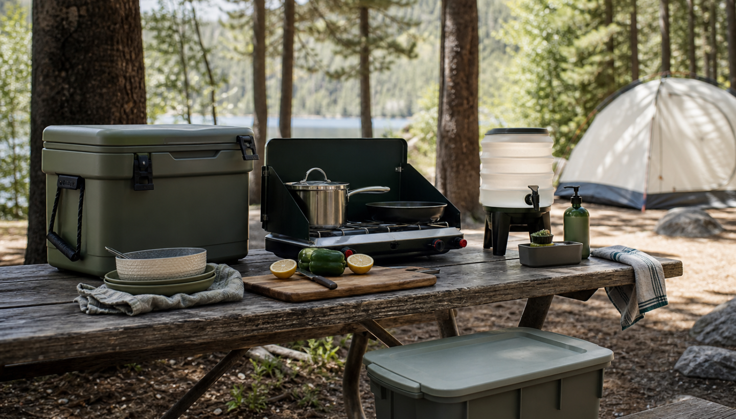 Organized summer camp kitchen setup with cooler, camp stove, water jug, cookware, and food storage bin on a picnic table.