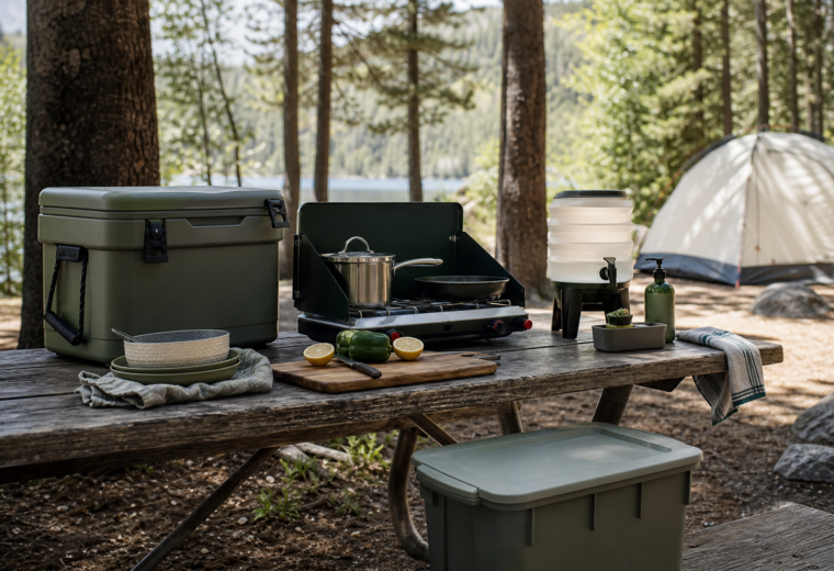 Organized summer camp kitchen setup with cooler, camp stove, water jug, cookware, and food storage bin on a picnic table.