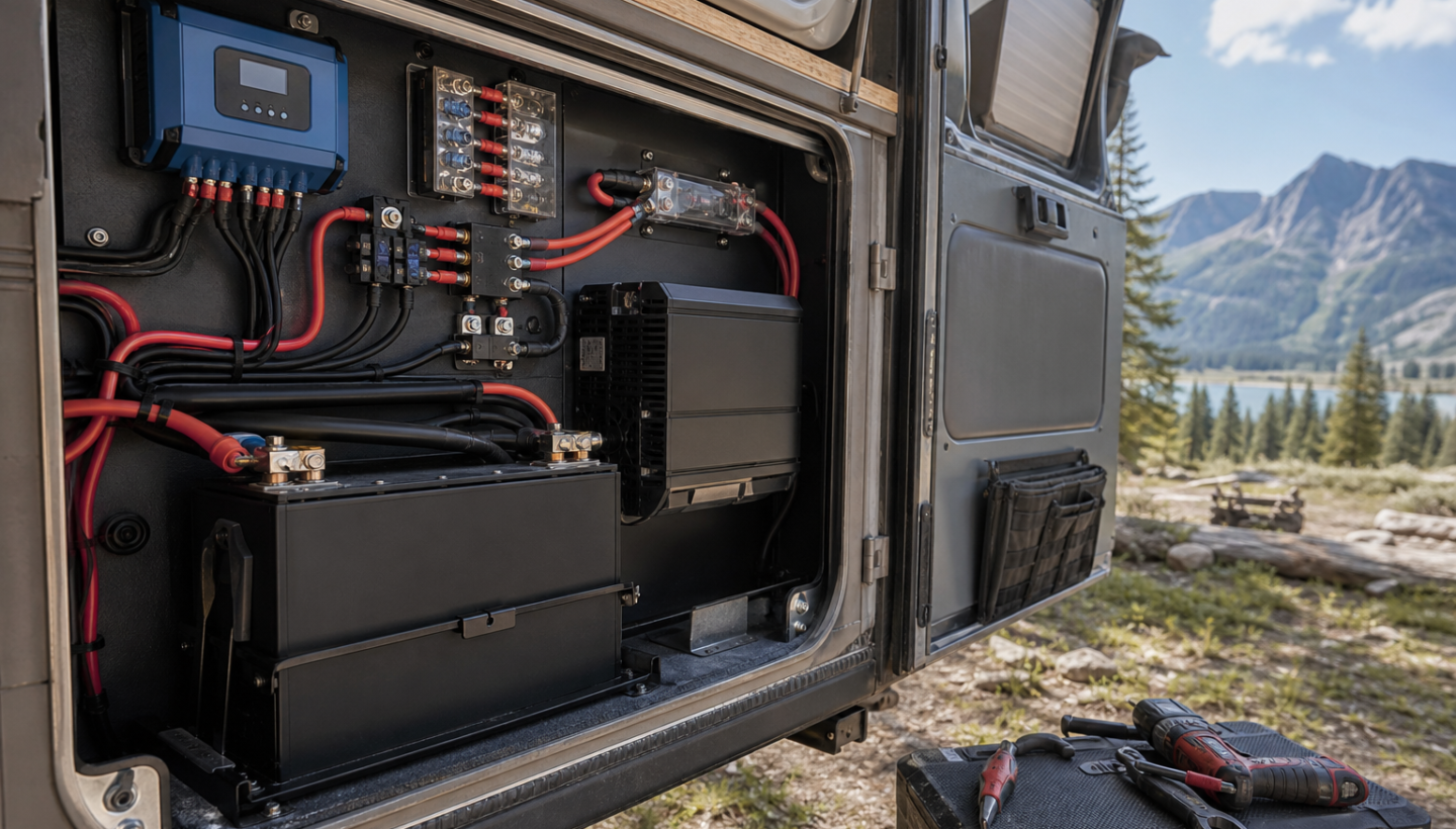 Organized off-grid electrical system inside an overland vehicle at a remote campsite