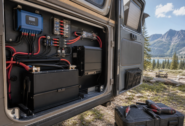 Organized off-grid electrical system inside an overland vehicle at a remote campsite
