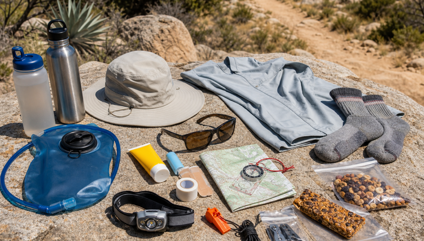 Compact hot-weather day hike kit with water, sun protection, navigation, headlamp, foot care, and repair essentials arranged outdoors.