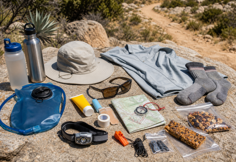 Compact hot-weather day hike kit with water, sun protection, navigation, headlamp, foot care, and repair essentials arranged outdoors.