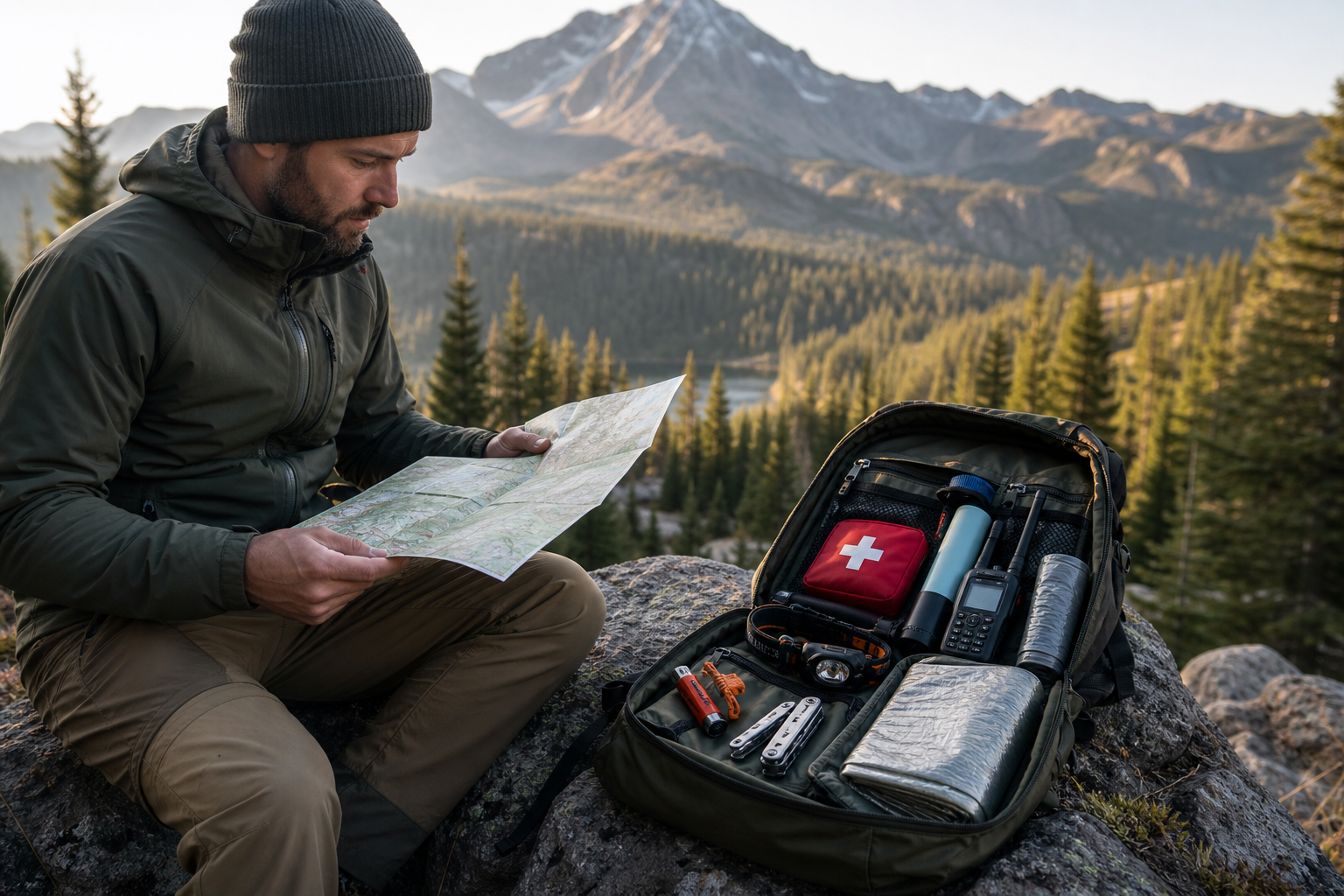 Outdoor traveler reviewing a map beside organized emergency preparedness gear in a mountain setting