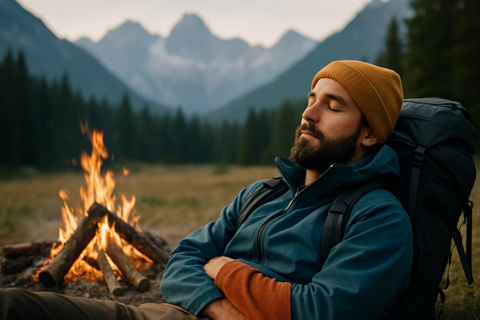 Outdoor adventurer resting by campfire in wilderness, symbolizing intentional downtime and recovery.