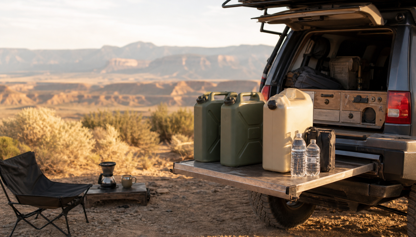 Overland vehicle at a desert dry camp with water containers organized for off-grid travel.