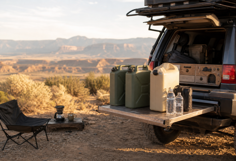 Overland vehicle at a desert dry camp with water containers organized for off-grid travel.