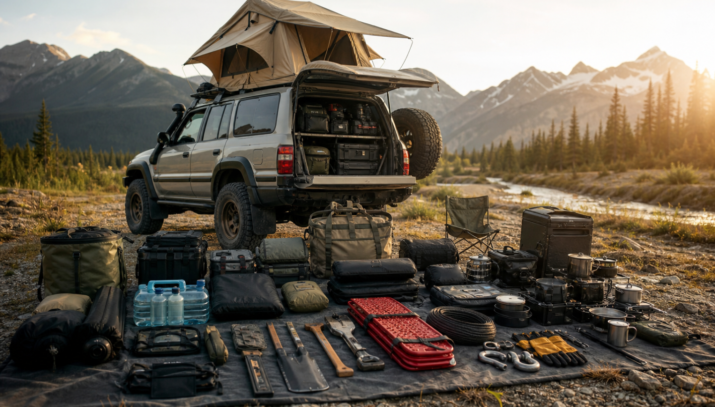 Organized remote travel gear laid out beside an off-road vehicle at a rugged campsite, illustrating the balance between weight, durability, and packability.