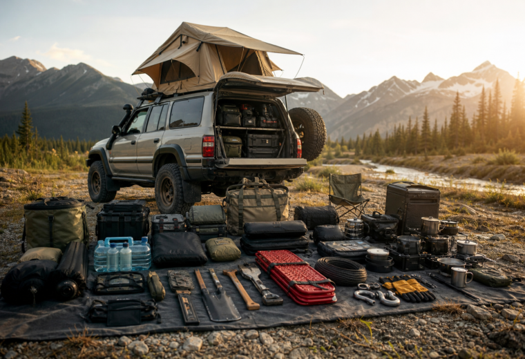 Organized remote travel gear laid out beside an off-road vehicle at a rugged campsite, illustrating the balance between weight, durability, and packability.