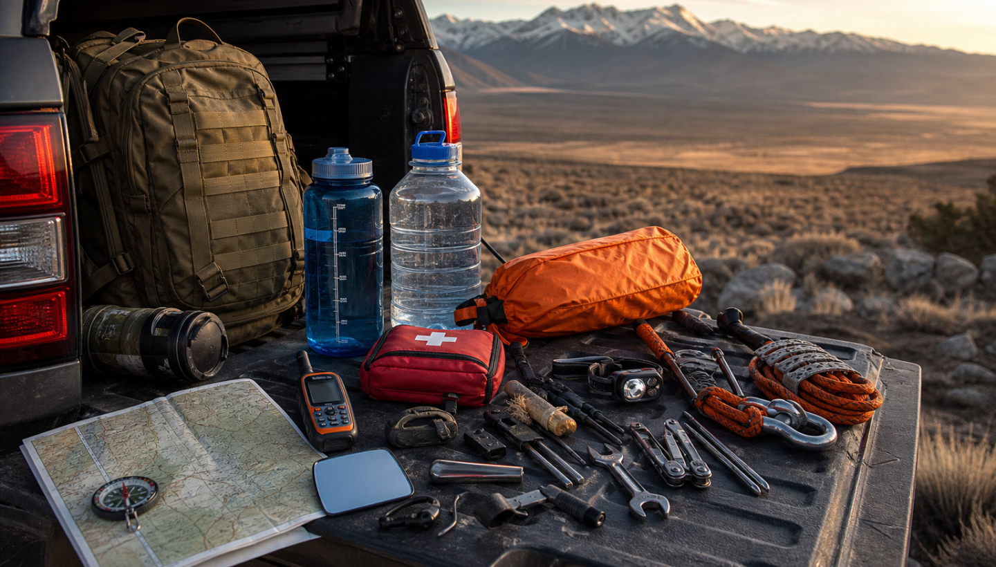 Remote travel survival gear laid out on an overland vehicle tailgate in a rugged outdoor landscape.