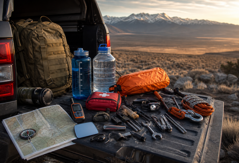 Remote travel survival gear laid out on an overland vehicle tailgate in a rugged outdoor landscape.