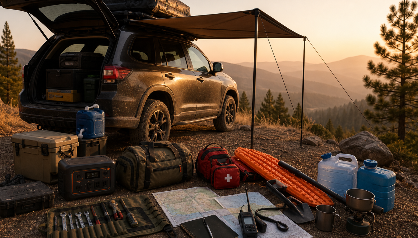Organized summer vehicle kit laid out beside an overland SUV with water, tools, recovery gear, first aid, shade, and camping supplies.