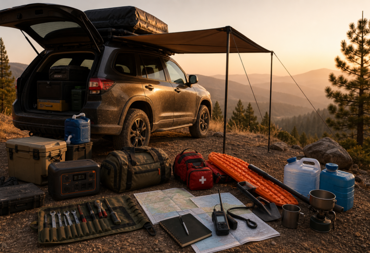 Organized summer vehicle kit laid out beside an overland SUV with water, tools, recovery gear, first aid, shade, and camping supplies.
