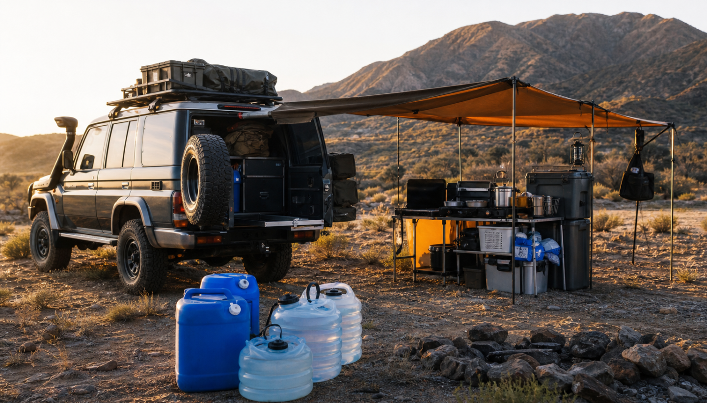 Organized water containers at a remote off-grid summer campsite beside a 4x4 vehicle