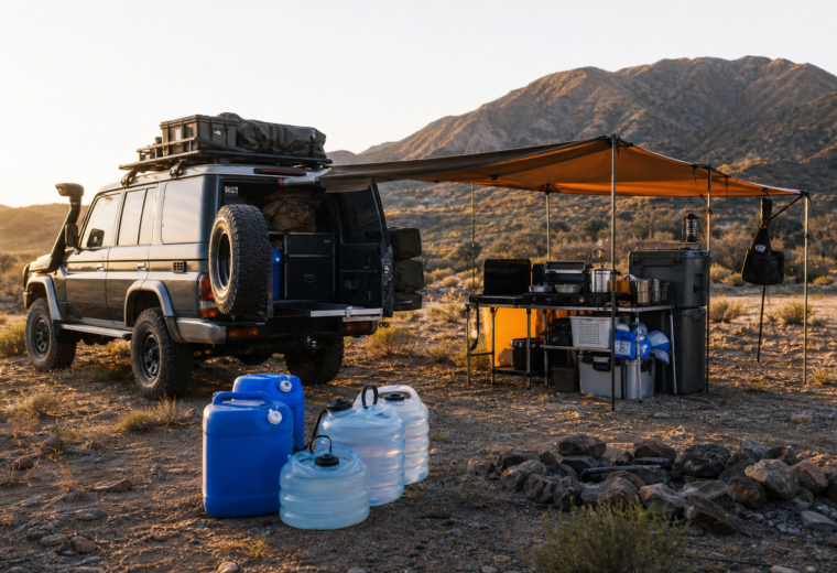 Organized water containers at a remote off-grid summer campsite beside a 4x4 vehicle