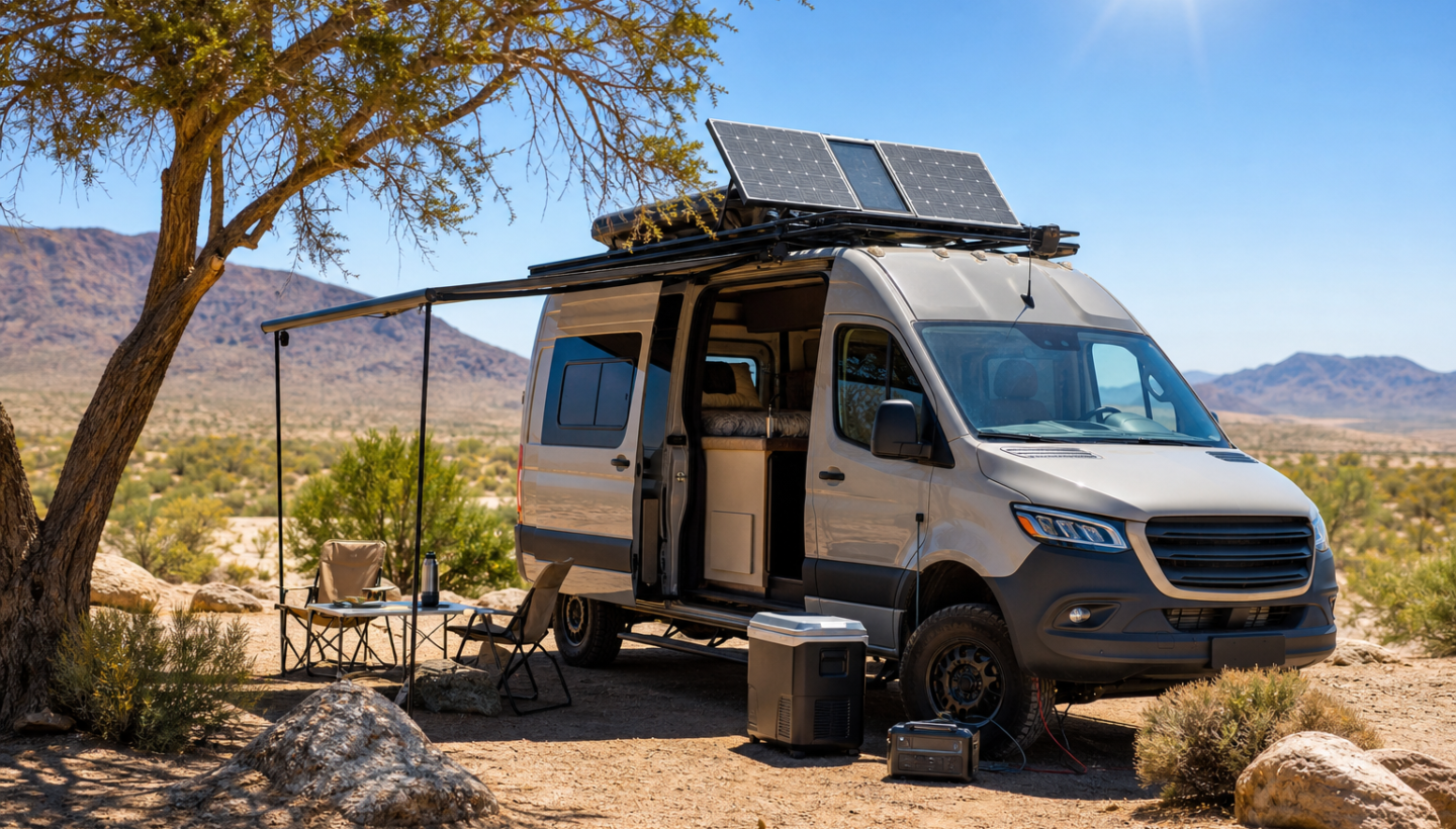 Modern overland camp setup with solar panels and off-grid power gear in hot summer conditions.