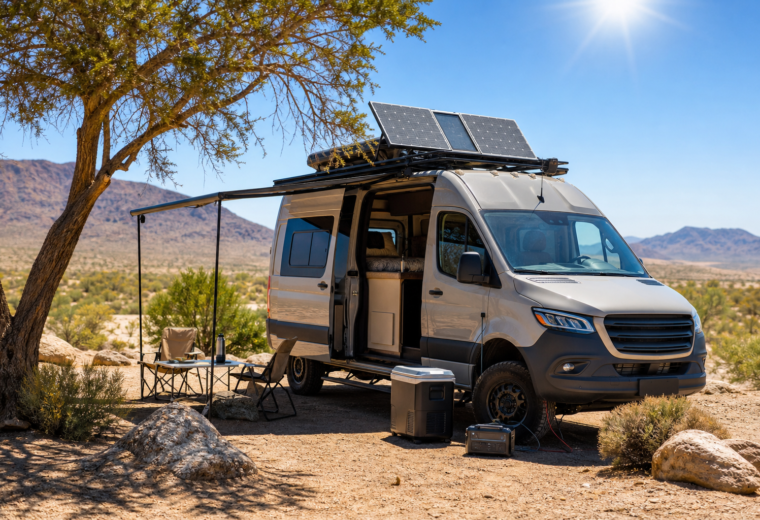 Modern overland camp setup with solar panels and off-grid power gear in hot summer conditions.