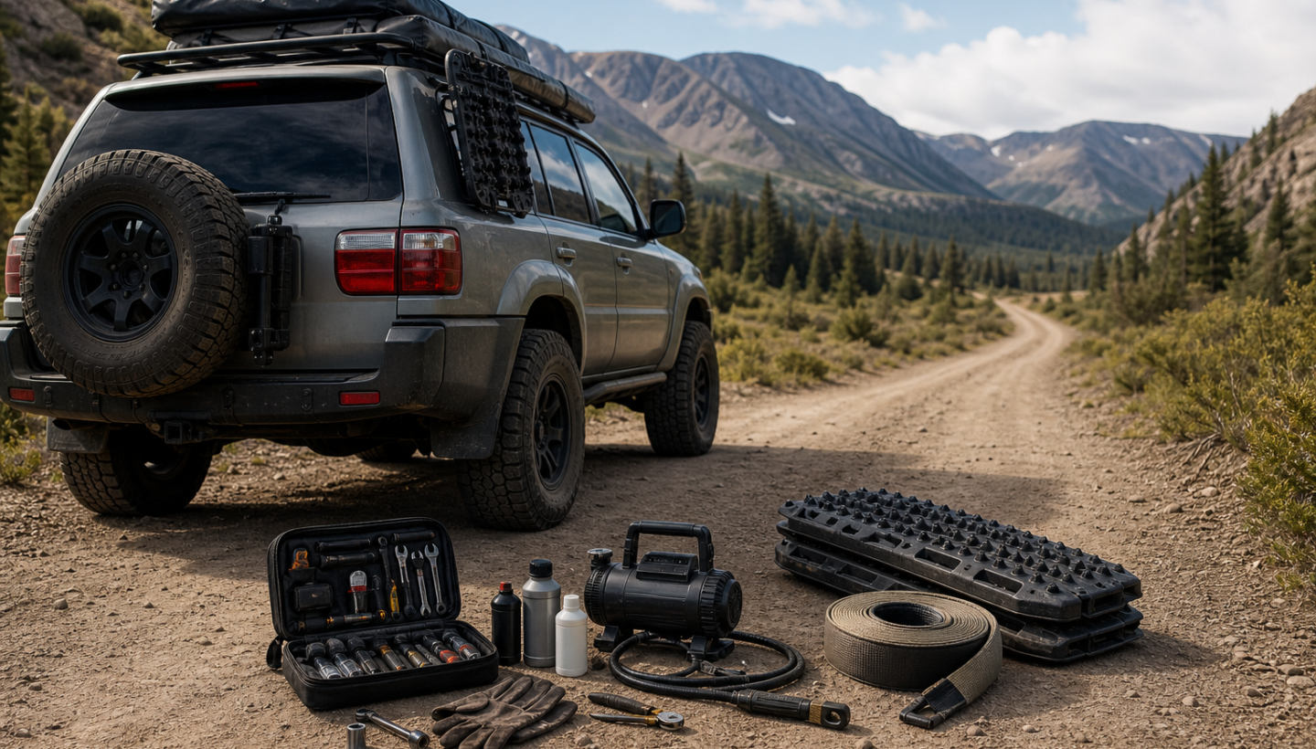 Overlanding recovery gear laid out beside a vehicle on a remote dirt road in summer.