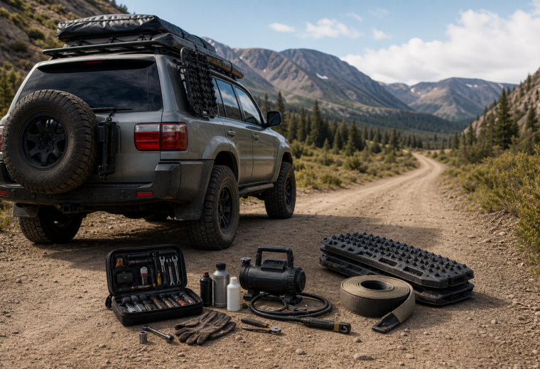 Overlanding recovery gear laid out beside a vehicle on a remote dirt road in summer.