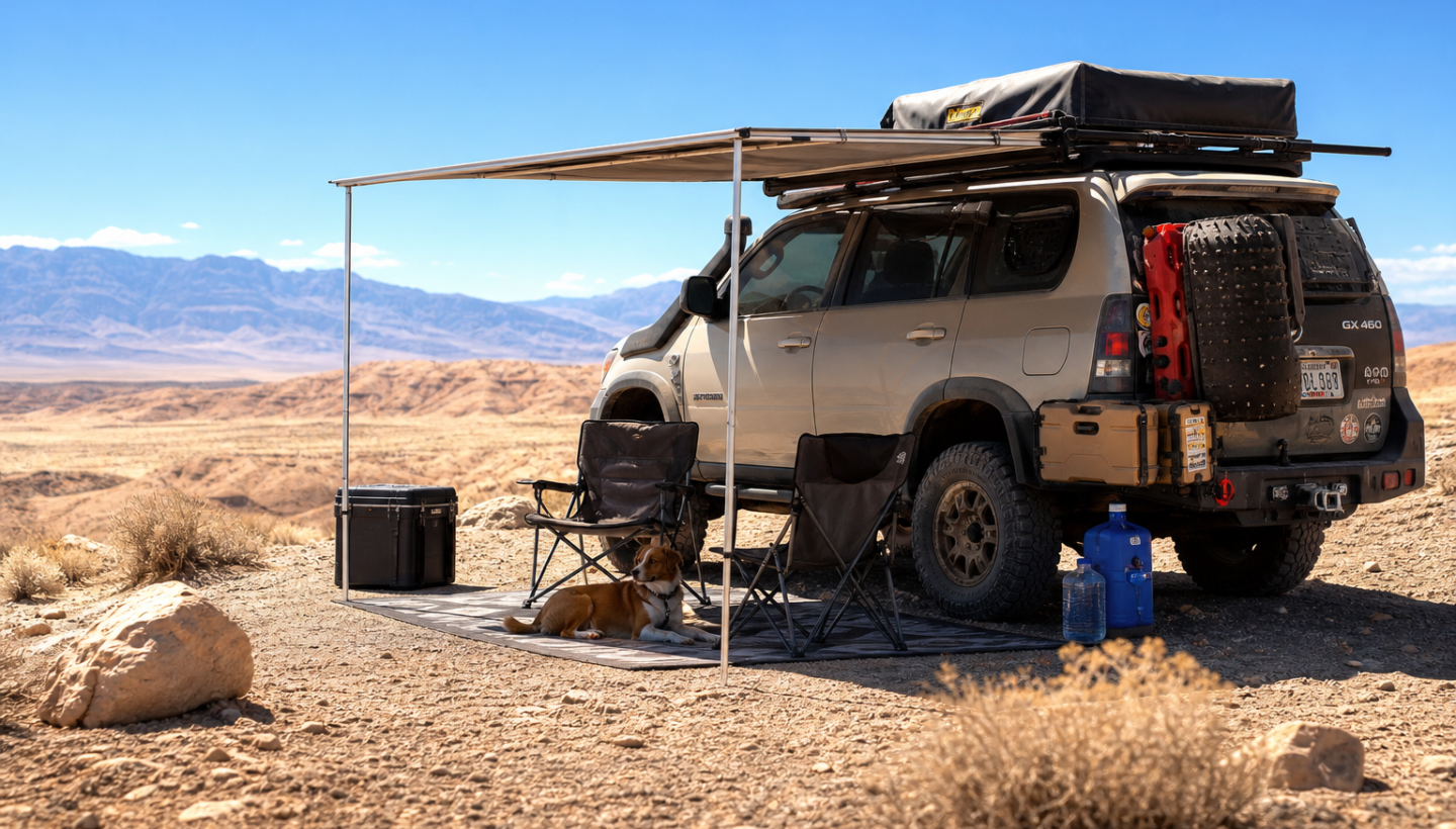 Overlanding vehicle with shade awning, water storage, and camp gear set up for summer heat management in a hot remote landsc
