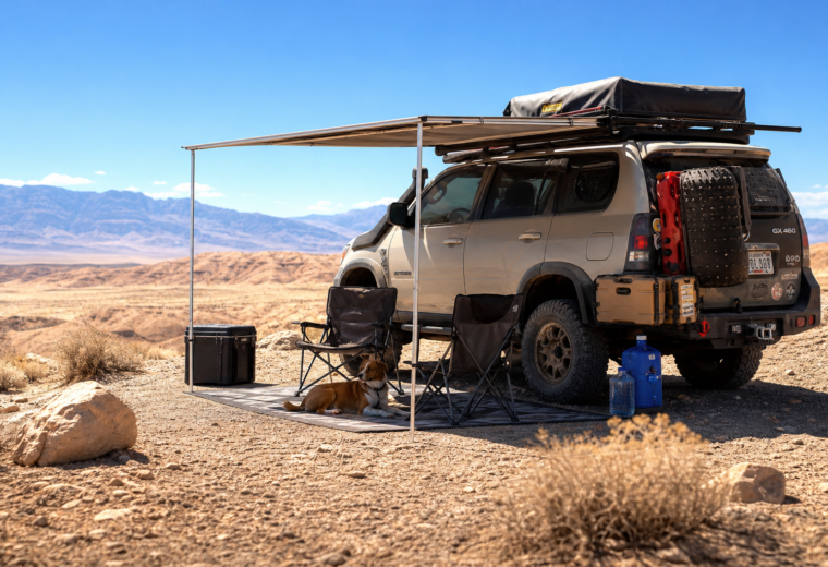 Overlanding vehicle with shade awning, water storage, and camp gear set up for summer heat management in a hot remote landsc