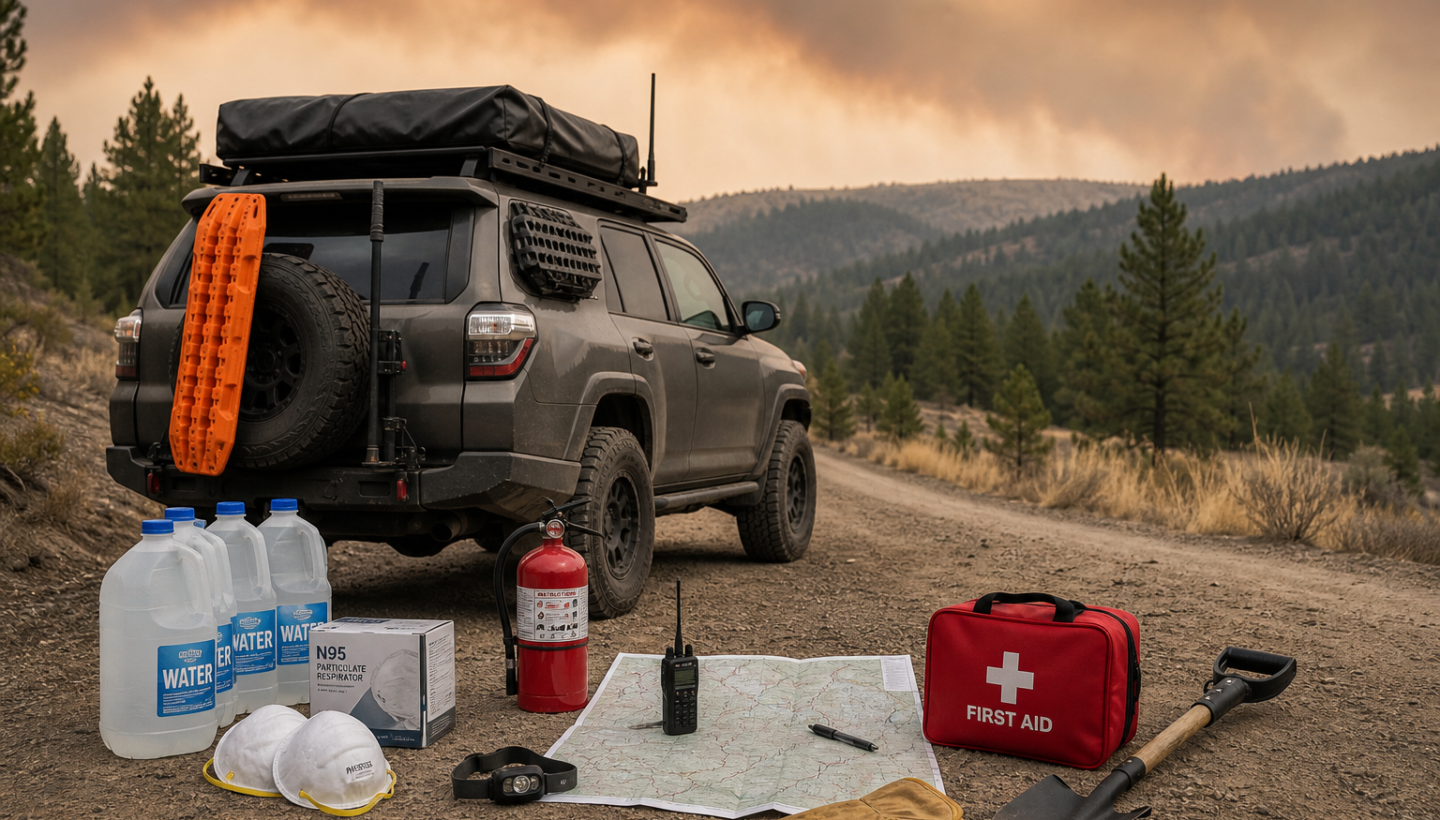 Overland vehicle and wildfire season emergency gear staged on a remote dirt road under a smoky sky.