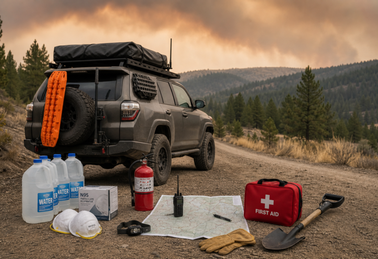 Overland vehicle and wildfire season emergency gear staged on a remote dirt road under a smoky sky.