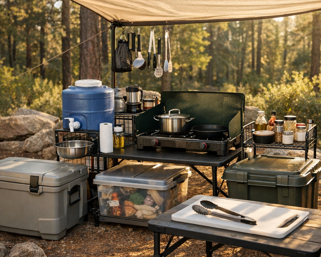 Organized summer camp kitchen with a hard cooler, water jug handwashing station, camp stove, and sealed food storage under shade.