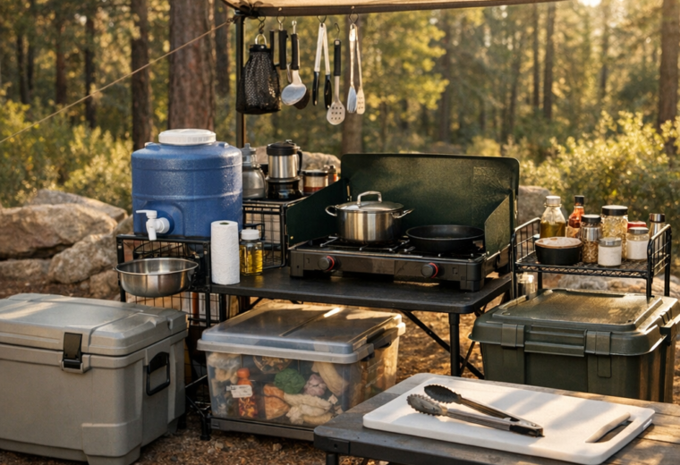 Organized summer camp kitchen with a hard cooler, water jug handwashing station, camp stove, and sealed food storage under shade.
