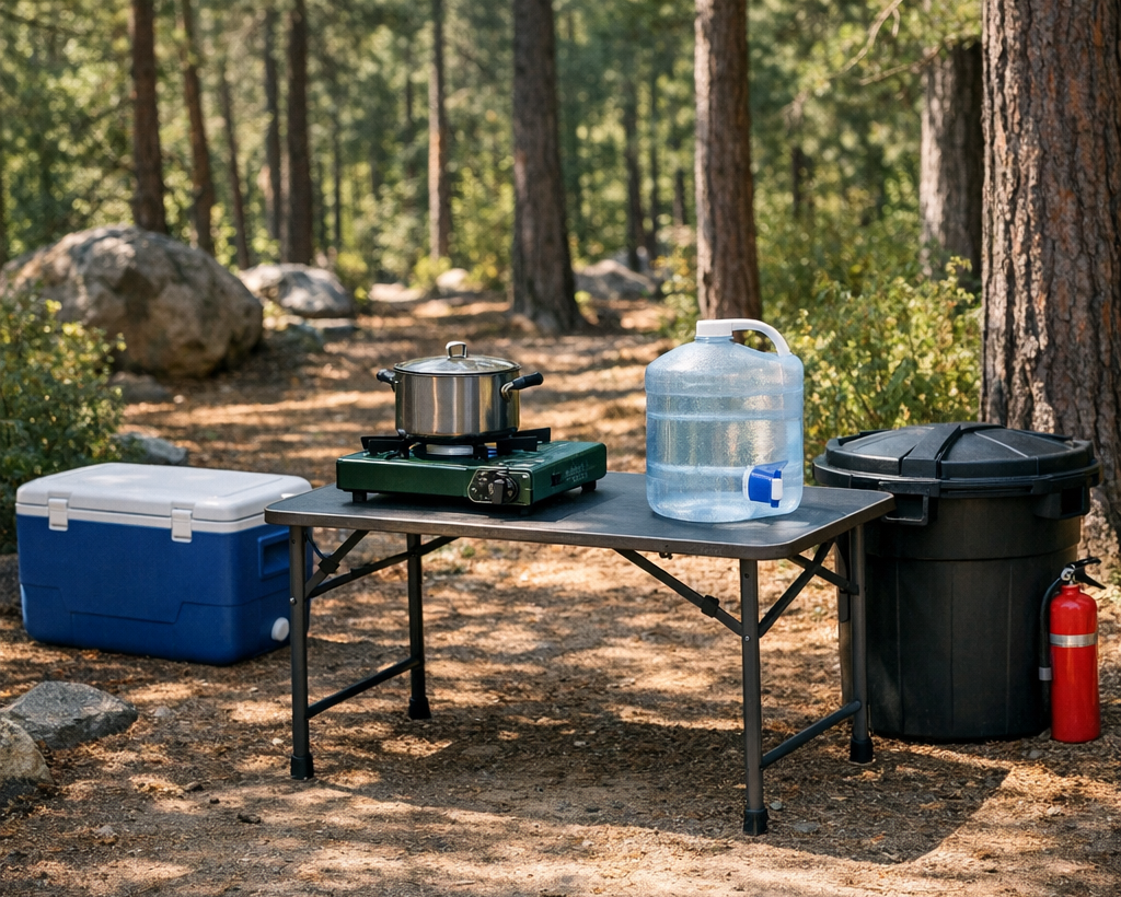 Camp kitchen safety setup with cold-food cooler, controlled stove area, clean water, and secure storage at a summer campsite.