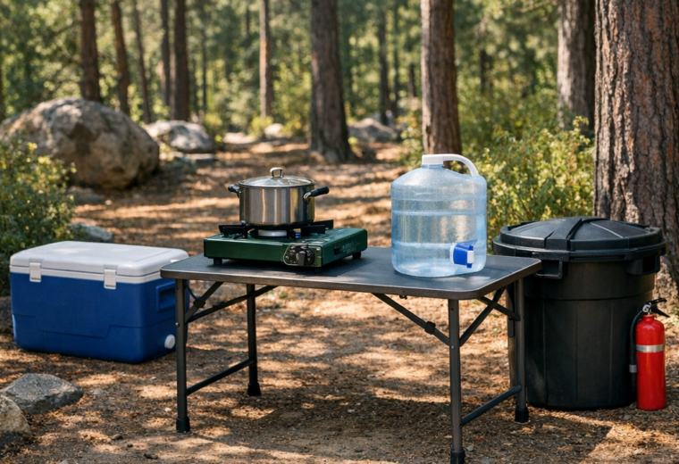 Camp kitchen safety setup with cold-food cooler, controlled stove area, clean water, and secure storage at a summer campsite.
