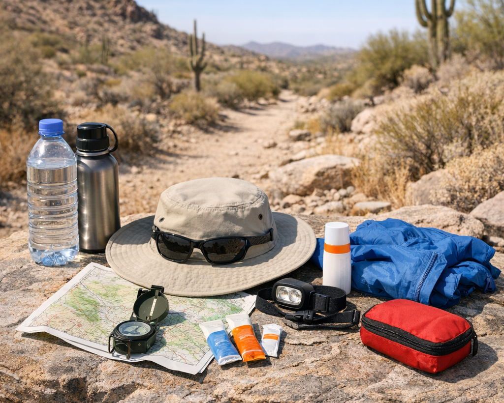A hot-weather day hike kit arranged beside a desert trail with water, sun hat, map, headlamp, sunscreen, and navigation essentials.