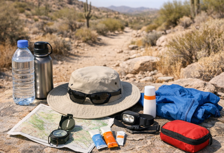 A hot-weather day hike kit arranged beside a desert trail with water, sun hat, map, headlamp, sunscreen, and navigation essentials.