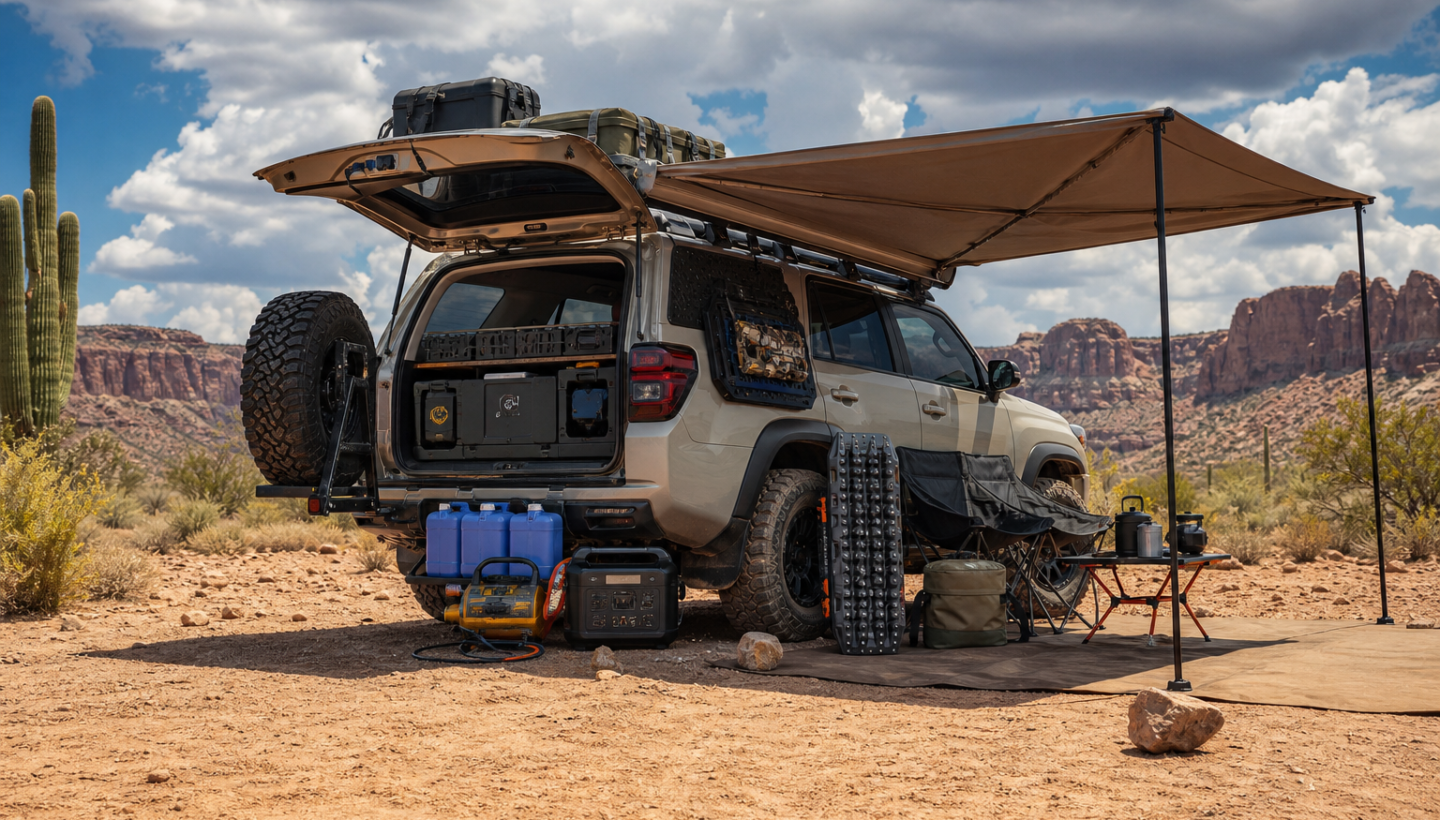 Overland vehicle at a shaded desert camp with water storage, tire gear, and power setup for Southwest summer travel